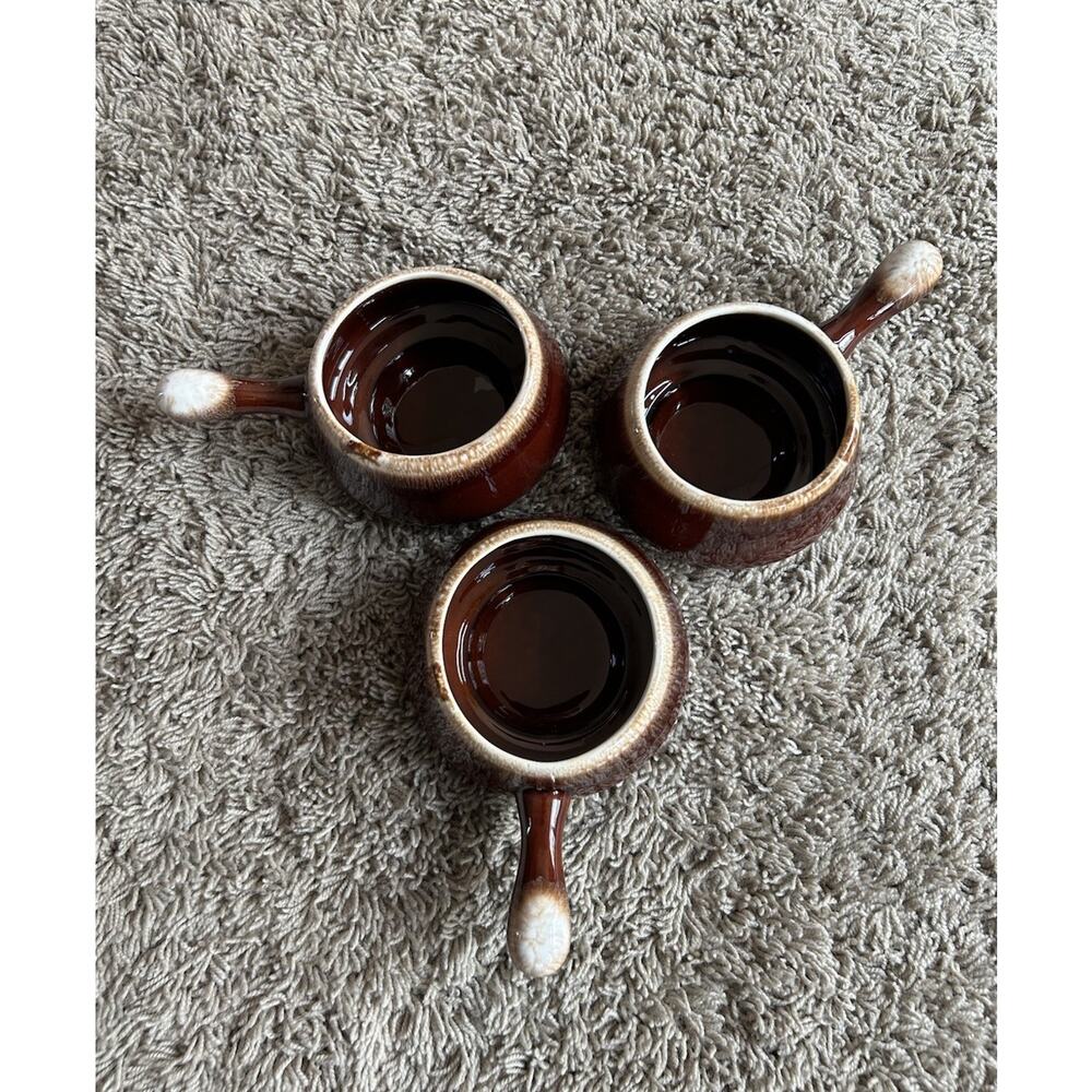 Set 3 Vtg McCoy Pottery Brown Drip French Onion Soup Chili Bowl Handled 7054 E25